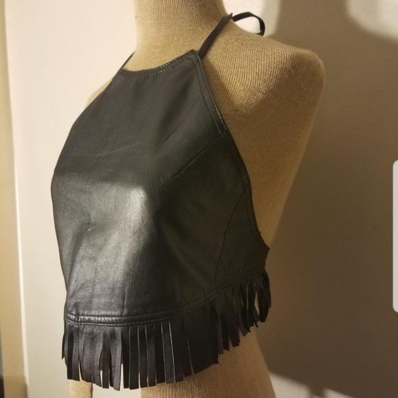 Vintage Y2K Aliza Outerwear Leather Fringe Black Halter Top size XS. - Picture 2 of 6